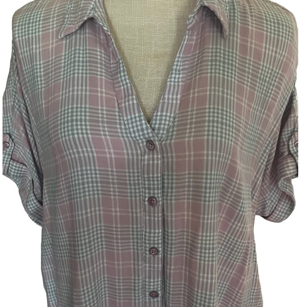Large Pink & Gray Checkerboard Button Down V Neck Cuff Sleeve Top Gloria Van - Picture 2 of 5
